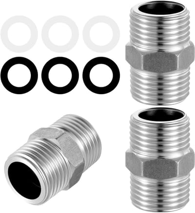3-delige verlengset voor douche slangen, roestvrijstalen adapter G1/2 naar G1/2, inclusief rubberen ring voor optimale verbinding van leidingen
