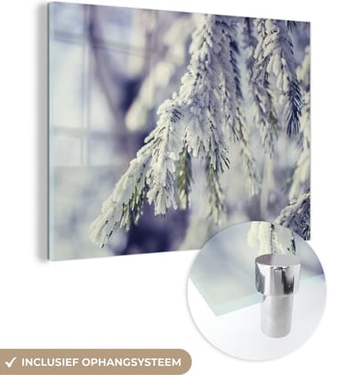 MuchoWow® Glasschilderij 40x30 cm - Schilderij acrylglas - Winter - Dennenboom - Sneeuw - Landelijk - Foto op glas - Schilderijen