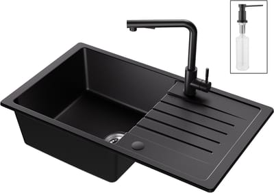 CECIPA max Spoelbak Antraciet 78x45CM - Spoelbakken Met Uittrekbare Uitloop Keukenkraan en Zeepdispenser - Granieten Spoelbakken Keuken - Spoelbak Met Afdruiprek - Incl. Sifon en Afvoerzeefje