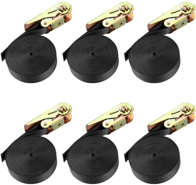 Dailygoods- Spanbanden met Ratel 6 m x 25 mm - 6 Stuks - Belastbaarheid 800 kg - Sjorbanden - Professionele Ratelriemen - Roestvrij Staal
