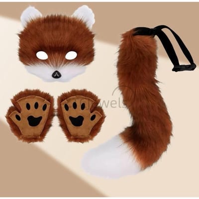 Nepbont Vosstaart Kat Wolf Cosplay Kostuum Set Pluche Masker Pluizige Poot Handschoenen Anime Accessoires Halloween Feest Voor Meisjes Vrouwen brown