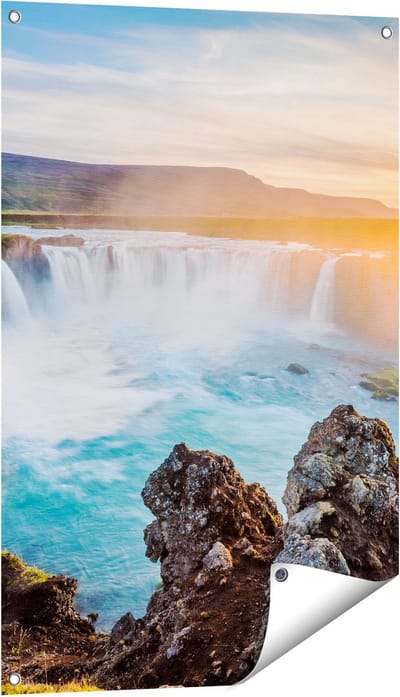 Gards Tuinposter Watervallen bij Zonsondergang - 60x90 cm - Tuindoek - Tuindecoratie - Wanddecoratie buiten - Tuinschilderij