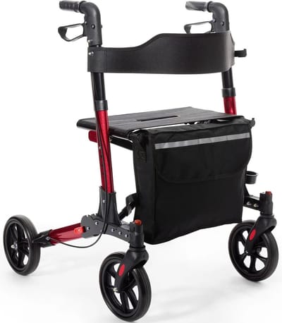 Rollator Plaza Lite Comfort - Lichtgewicht - Dubbel opvouwbaar - Soft banden - Rood - Dubbele remfunctie - Weegt slechts 6,9 kg - Past in elke auto - Inclusief boodschappentas, stokhouder en rugband