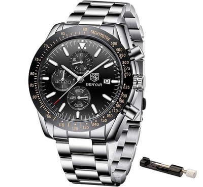 Stalen Heren Horloge - Chronograaf - Polshorloge - Verstel Tool - Zwart