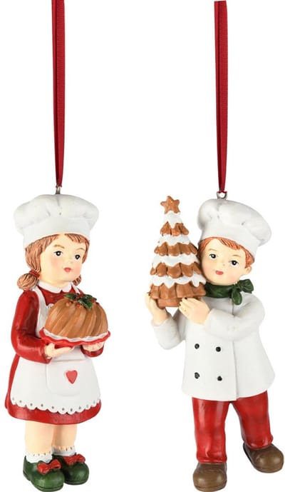 Dekoratief | Hanger bakkerskindje m/taart, rood/wit, resina, 5x4x12cm, set van 2 stuks | A255825