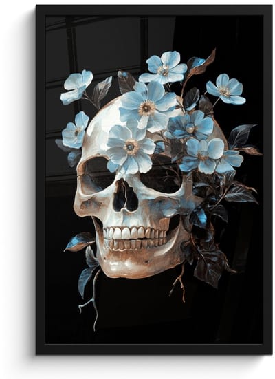 Poster in lijst - Fotolijst 40x60 cm - Posters - Schedel - Blauw - Bloemen - Bladeren - Posterlijst zwart - Decoratie - Wanddecoratie woonkamer - Muurdecoratie slaapkamer