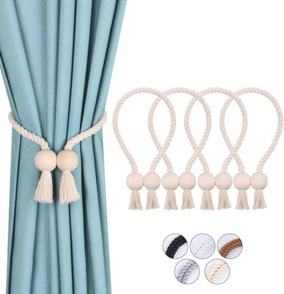 Magnetische Gordijnhouders 4-Pack - Handgeweven Katoenen Binders voor Buitengordijnen - Beige met Bolvormige Uiteinden