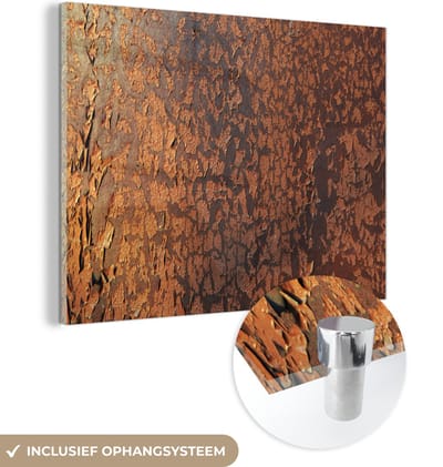 MuchoWow® Glasschilderij 160x120 cm - Schilderij acrylglas - Roest - Bruin - Oranje - Metaal - Patroon - Structuur - Foto op glas - Schilderijen