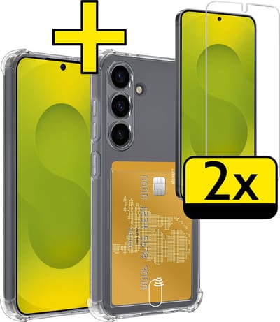 Hoesje - Geschikt voor Samsung Galaxy S25 - Met 2x Screenprotector - Pashouder - Kaarthouder - Telefoon Hoes Shockproof - Siliconen Case - Back Cover - Shock Proof - Pasjes Houder - Telefoonhoesjes - Transparant