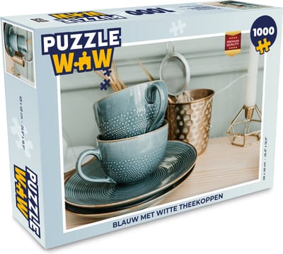 Puzzel Blauw met witte theekoppen - Legpuzzel - Puzzel 1000 stukjes volwassenen