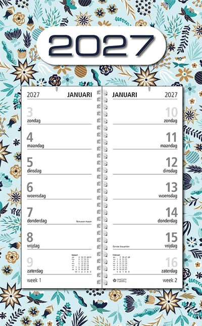 MGPcards - Omlegweekkalender 2027 - Week begint op zondag - 21 x 34 cm - Blauw - Bloemen