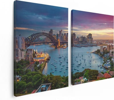 Artaza Canvas Schilderij Tweeluik Sydney Harbour Bridge in de Avond - 120x80 cm - Wanddecoratie Woonkamer - Schilderijen - Muurdecoratie