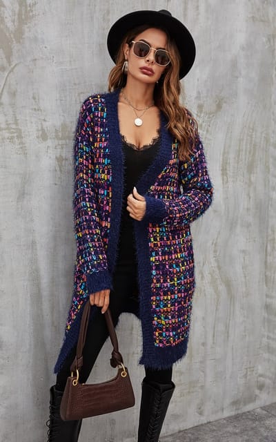 Roze mix Multi kleur Spikkels Bouclé Geruit Vest in Marineblauw