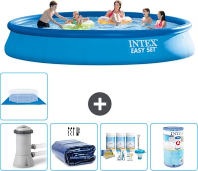 Intex Rond Opblaasbaar Easy Set Zwembad - 457 x 84 cm - Blauw - Inclusief Pomp - Solarzeil - Onderhoudspakket - Filter - Grondzeil - Solar Mat - 7-delig