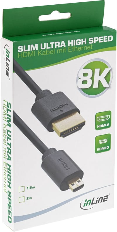 InLine® Slim Ultra High Speed HDMI kabel, 8K4K, A male / D male (Micro), 2m