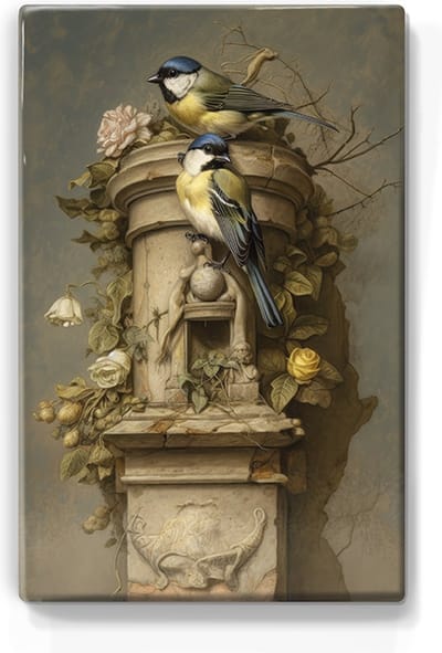 twee koolmeesjes op ornament - Handgelakt - 19,5 x 30 cm - Niet van echt te onderscheiden schilderijtje op hout - Mooier dan een print op canvas - Laqueprint.