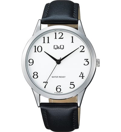 Q&Q C10A-057PY - Horloge - Polshorloge - Analoog - Mannen - Heren - Leren band - Rond - Metaal - Cijfers - Zwart - Zilverkleurig - Wit