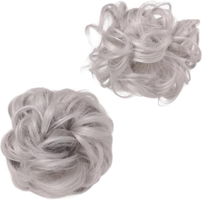 2 Stuks Messy Bun Haarstuk, Krullende Haarextensie met Klem voor Elegante Updo en Ponytail (Grijs)