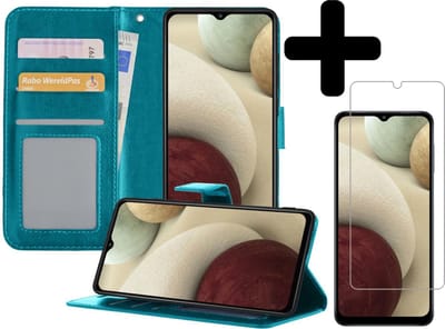 Hoesje - Met Screenprotector - Geschikt voor Samsung Galaxy A12 - Luxe Pasjeshouder - Bookcase Portemonee - Flip Case - Kunstleer Book Case - Flipcase - Book Cover - Walletcase - Portemonneehoes - Telefoonhoesjes - Turquoise