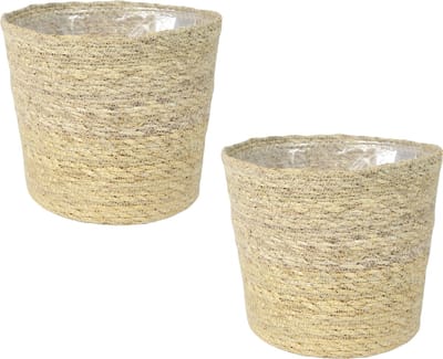 Ter Steege Plantenpot - Set van 2x stuks - beige - gevlochten zeegras - 30 x 26 cm - plastic binnenkant