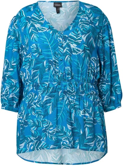 Ulla Popken - Dames - Blouse bladeren A-lijn V-hals 3/4-mouw - Petrolblauw - Maat 58+