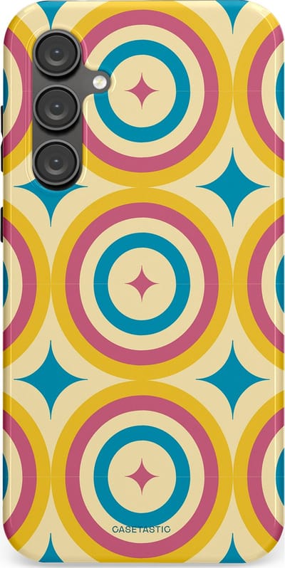 Casetastic hoesje geschikt voor Samsung Galaxy S23 FE - Dubbellaagse bescherming - Swinging Retro Boogie Circles - Fashion Case - Crème Goud Lichtblauw Koraal