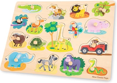 New Classic Toys® Houten Grote Knoppuzzel Safari - 16 Puzzelstukjes - FSC - Houten Puzzel met Knopjes - Educatief Peuterspeelgoed - Vanaf 24 maanden