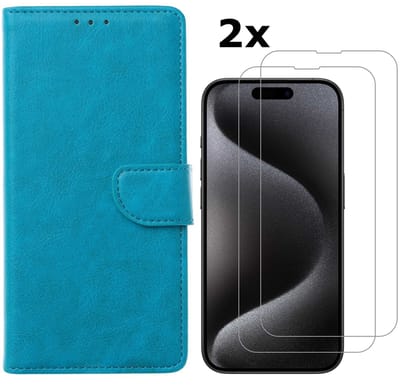 Hoesje Geschikt voor iPhone 15 Pro Max hoesje bookcase met 2x screenprotector – Blauw