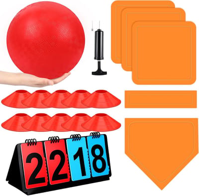 Jenaai 18 stuks sport kickball set inclusief speeltuin bal 5 rubberen gooien bases bal pomp scorebord nettas 10 vuile lijn kegels voor volwassenen speeltuin achtertuin spel