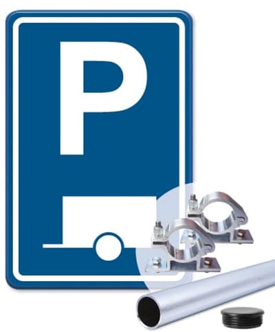 Parkeerbord Aanhanger - blauw - Weerbestendig Aluminium - 30x45 cm - Bevestiging: Met paal 150 cm + paalbeugels + paaldop