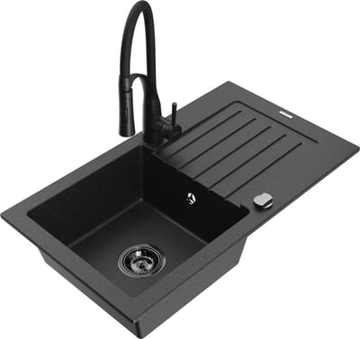 Mexen Pablo granieten spoelbak met 1 bak, afdruiprek en keukenmengkraan Aster, zwart/zilver metallic - 6510-73-73450-70-B