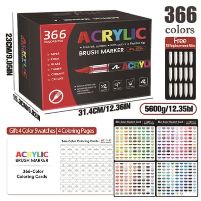Acrylmarkers - 366 kleuren - 1-6 mm nylon punt - voor tekenen, DIY en graffiti - geschenkdoos