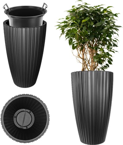 KADAX Ronde bloempot, decoratieve bloempot met binneninzetstuk, kunststof plantenpot voor binnen en buiten (zwart)