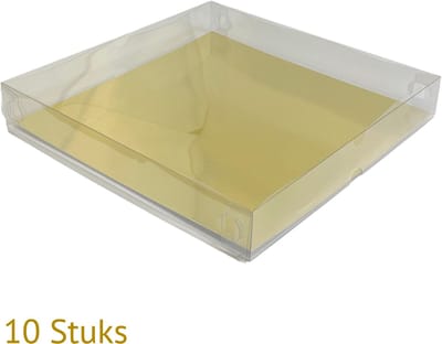 Bakdozen.nl Bonbon Doosjes - Sweetbox / Gebaksdoos met Transparant Deksel en Gouden Bodem - 10 Stuks - 20 x 20 x 4.5 cm