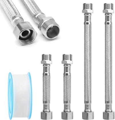 Set van 4 Flexibele Slangen 3/8 Inch, Stalen Gewapende Tuinslang, Verlenging voor Wateraansluiting, Ideaal voor Tuin en Huishoudelijk Gebruik (10 cm/20 cm)