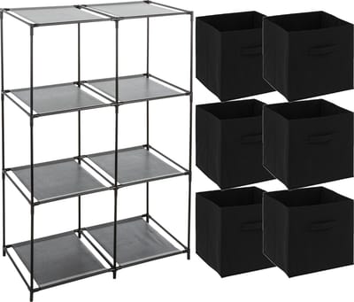 5Five Kastmandjes/opberg manden - zwart - 6x stuks van 29L - Metalen rekje is 68 x 98 cm
