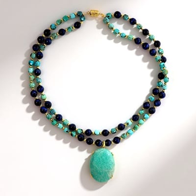 Cavill - Ovale Amazoniet Ketting 63 ct - 925 Sterling Zilver met Gouden Hematiet & Turkoois Accenten - Verstelbare Luxe Sieraad met Magneetsluiting