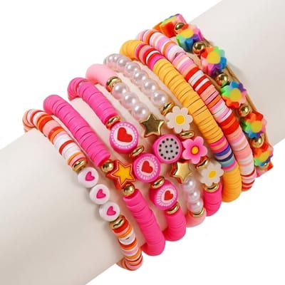 8 Multicolor kralen armbandenset voor dames – elastische armband met hartjes, sterren en bloemen