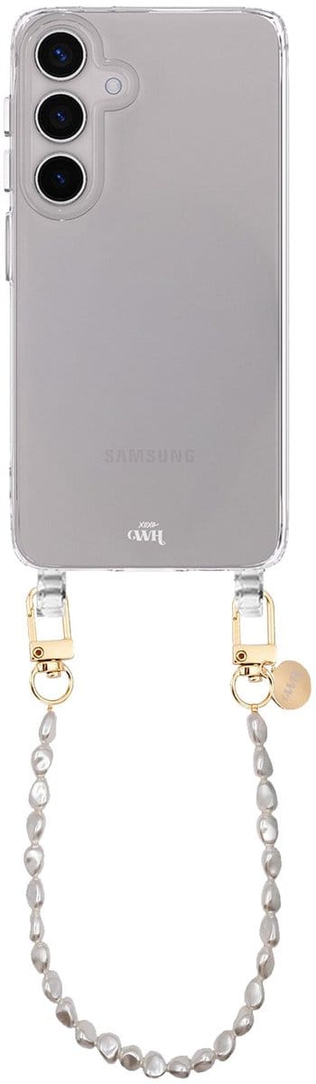 xoxo Wildhearts siliconen hoesje - Geschikt voor Samsung Galaxy S25 Plus hoesje - Pearlfection - Telefoonhoesje - Hoesje met koord - Parelketting - kort telefoonkoord - Transparant hoesje (korte variant)