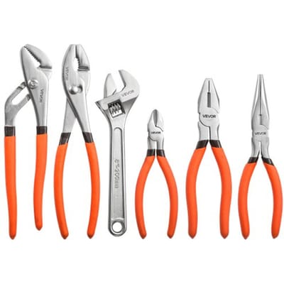 VEVOR Tangen- en Sleutelset, 6-delige universele set, gepolijste koolstofstalen bekken, handgereedschap voor doe-het-zelf en huishoudelijk gebruik, platte en doptang, punttang, combinatietang, zijsnijtang, sleutels, ergonomische handgrepen