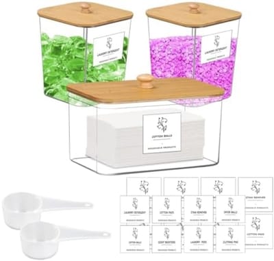 PromoHome 3-delige wasmiddelopbergset met houten deksels en etiketten