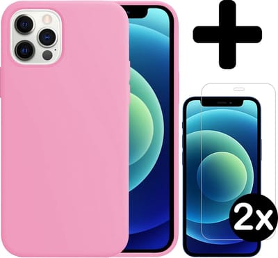 Hoesje - Met 2x Screenprotector - Geschikt voor Apple iPhone 12 Pro - Sterk & Shockproof - Telefoon Hoes - Back Cover - Siliconen Case - Telefoonhoes - Lichtroze