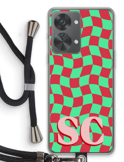 Gepersonaliseerd - Case Company® - Hoesje met koord geschikt voor OnePlus Nord 2T hoesje met Koord - Grid Monogram - Telefoonhoesje met Zwart Koord - Bescherming aan alle Kanten en Over de Schermrand