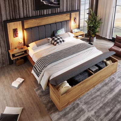 MEUNIQ tweepersoons bed 180x200 met leeslampen, USB-C en nachtkastjes, bedframe met opbergbank en lattenbodem voor slaapkamer, eiken