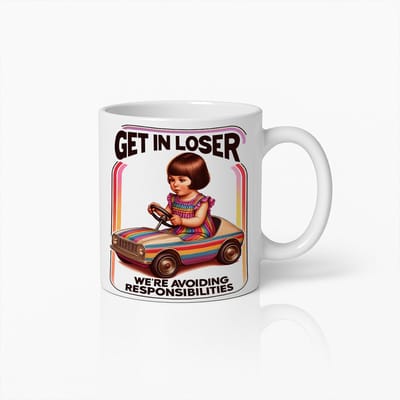 330ml Grappige "Stap In Loser, We Ontwijken Verantwoordelijkheden" Retro Meisje Rijdt Auto Mok – Uniek Cadeau Voor Vrienden
