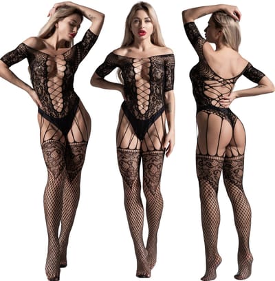Elara - Carmen - Bodystocking Erotische Lingerie met Open Kruis - Catsuit - S t/m XL - Sexy Dames Lingerie - Bodysuit