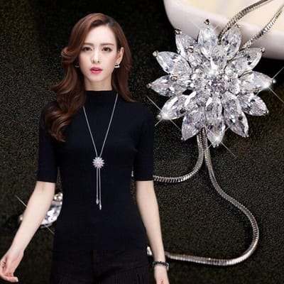 Collier long et pendentif en zircon flocon de neige pour femme, couleur argent, tendance, avec cristaux