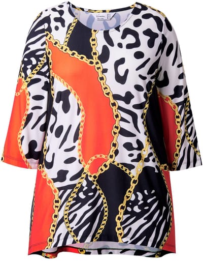 MIAMODA - Dames - T-shirt A-lijn 3/4-trompetmouwen patchprint - Neonrood - Maat 42