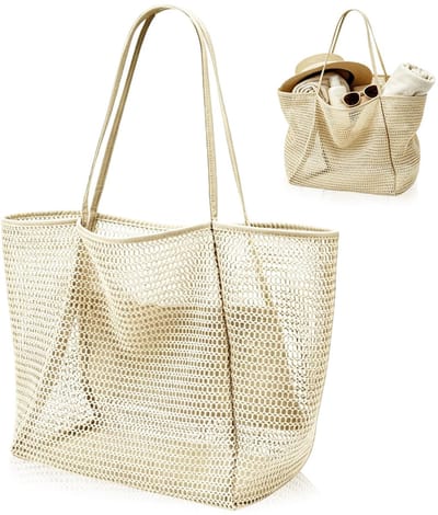 Nettas Strand Met ritssluiting Binnenzak, Opvouwbare Lichte Mesh Strandtas Mand, Grote Strandtas Van Mesh Voor Dames, Mesh Strandtas Voor Zandspeelgoed Strand en Zwembad (Gebroken Wit)
