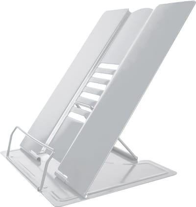 Intirilife Leesstandaard van metalen in Wit - 21 x 16.5 x 20.3 cm - In hoogte verstelbare boekenstandaard voor school, kantoor, bureau, leeshulp
